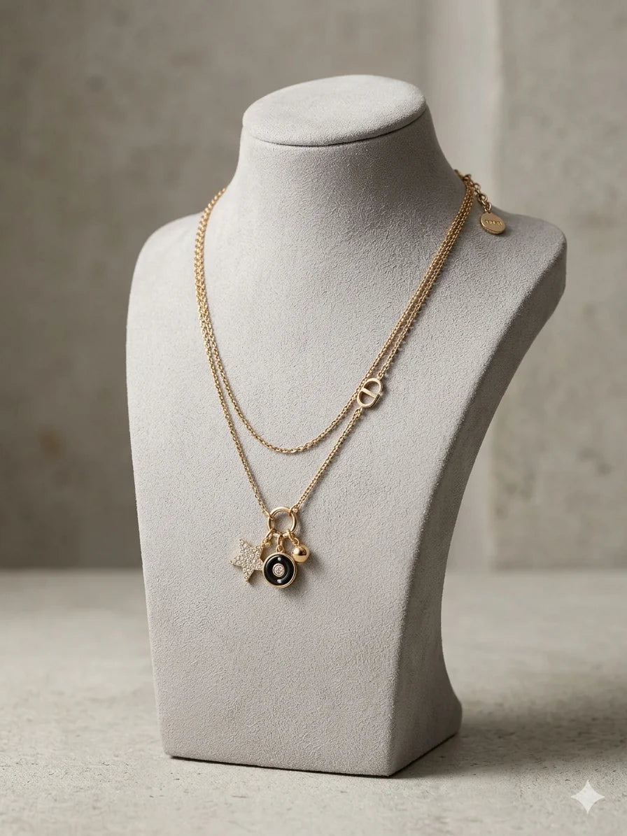 Gold Plated Alphabet CD Layered Charm Necklace with Star AND Black enamel Pendant