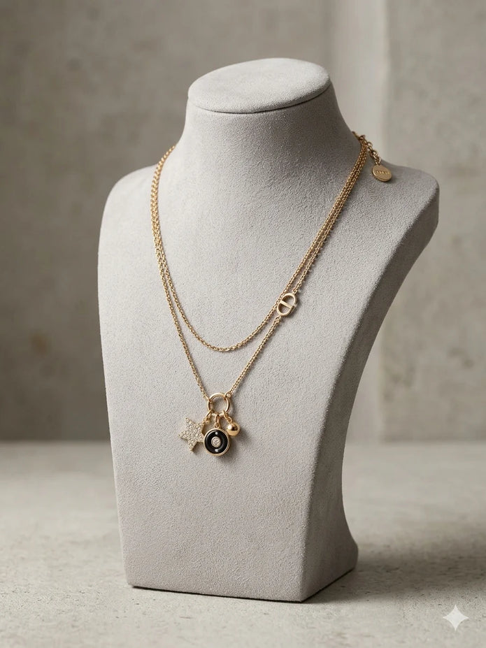 Gold Plated Alphabet CD Layered Charm Necklace with Star AND Black enamel Pendant