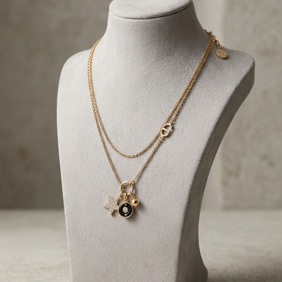 Gold Plated Alphabet CD Layered Charm Necklace with Star AND Black enamel Pendant