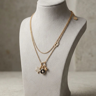 Gold Plated Alphabet CD Layered Charm Necklace with Star AND Black enamel Pendant