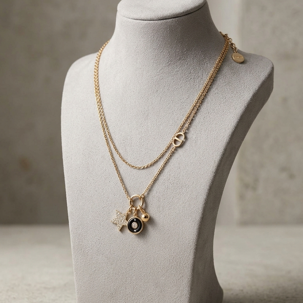 Gold Plated Alphabet CD Layered Charm Necklace with Star AND Black enamel Pendant