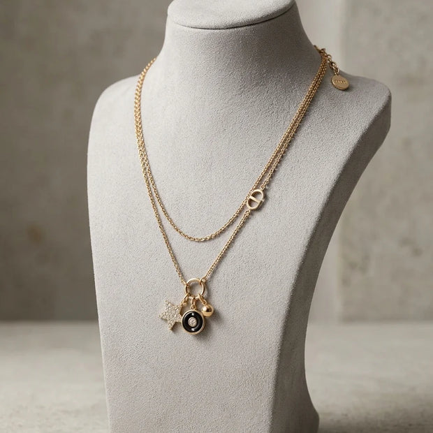 Gold Plated Alphabet CD Layered Charm Necklace with Star AND Black enamel Pendant
