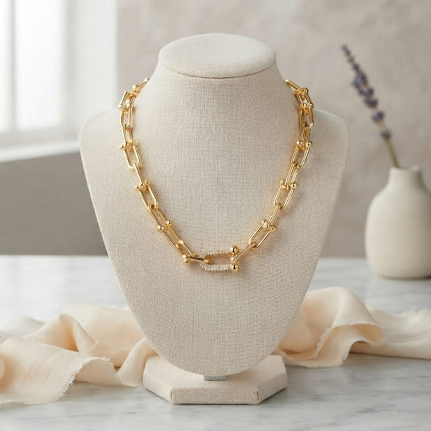 Gold Plated Pave CZ U-Link Chain Necklace