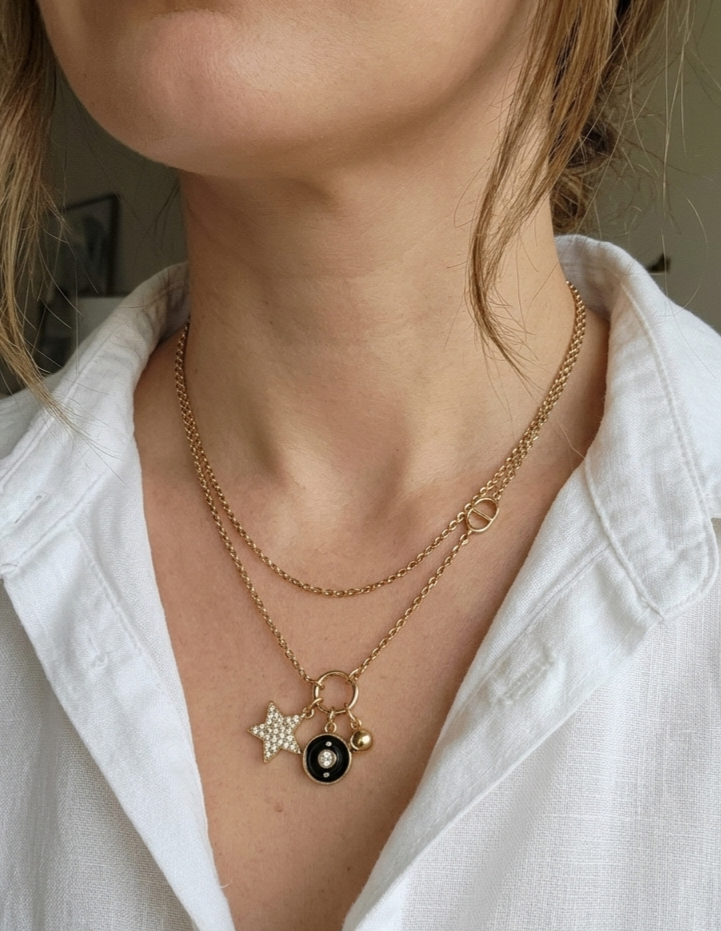 Gold Plated Alphabet CD Layered Charm Necklace with Star AND Black enamel Pendant