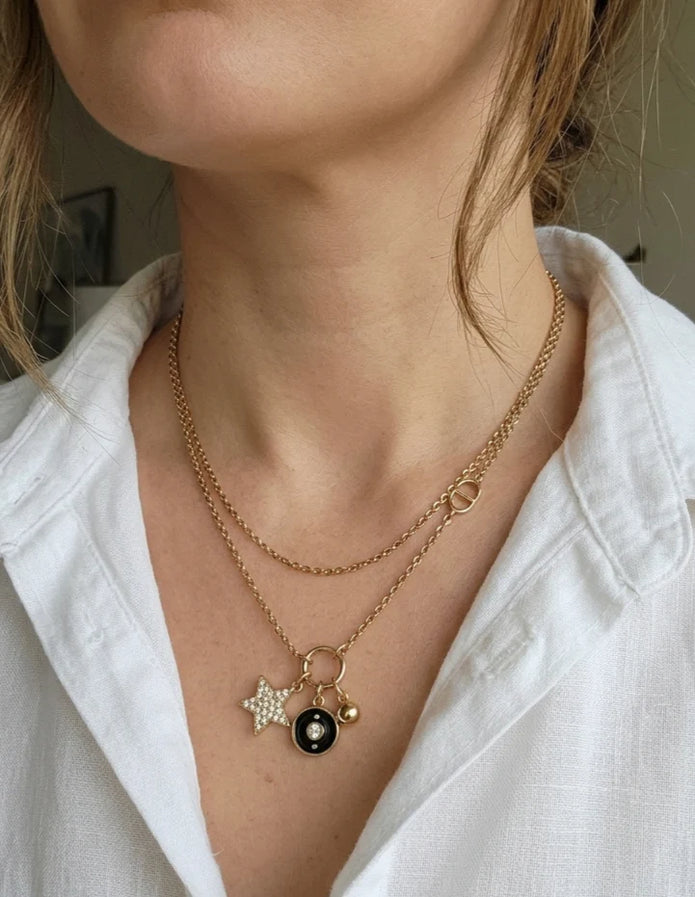 Gold Plated Alphabet CD Layered Charm Necklace with Star AND Black enamel Pendant