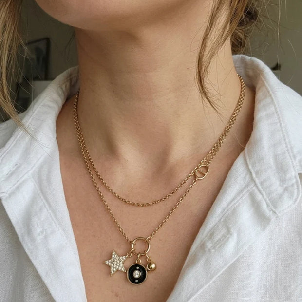 Gold Plated Alphabet CD Layered Charm Necklace with Star AND Black enamel Pendant