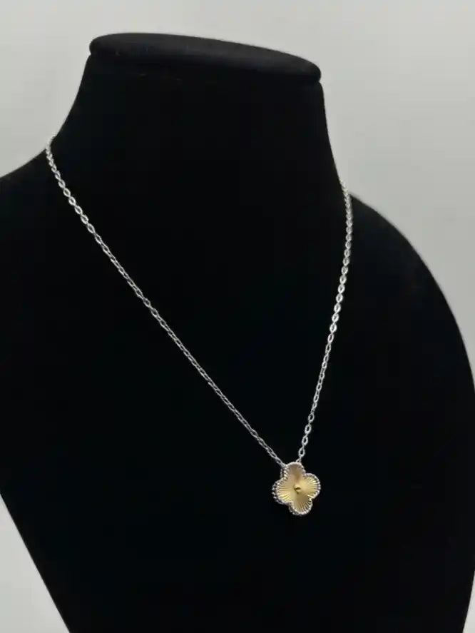 Platinum Plated and Gold Textured Clover Pendant Necklace