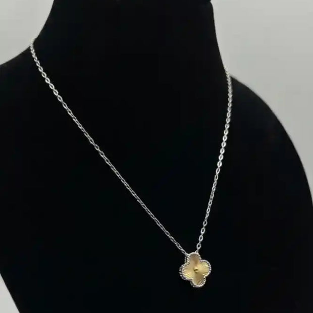 Platinum Plated and Gold Textured Clover Pendant Necklace