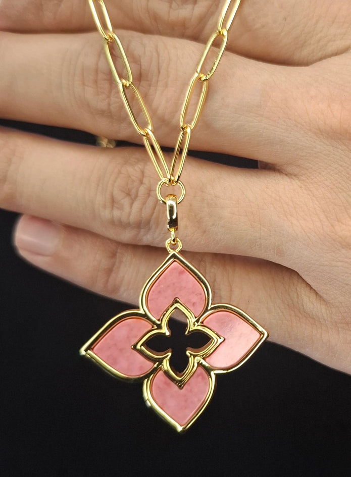 Alphabet RC Gold Plated Pink Clover Plain Pendant Necklace