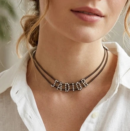 Dark Antique gold Plated CD Alphabet Choker Necklace with Pearl Accents