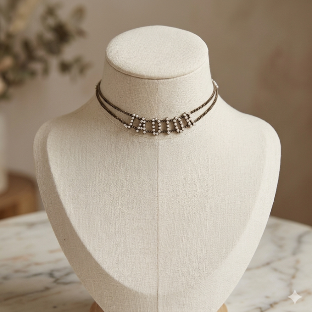 Dark Antique gold Plated CD Alphabet Choker Necklace with Pearl Accents