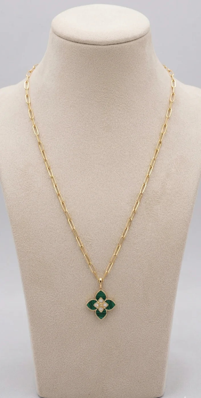 Alphabet RC Gold Plated Green Clover CZ Pendant Necklace
