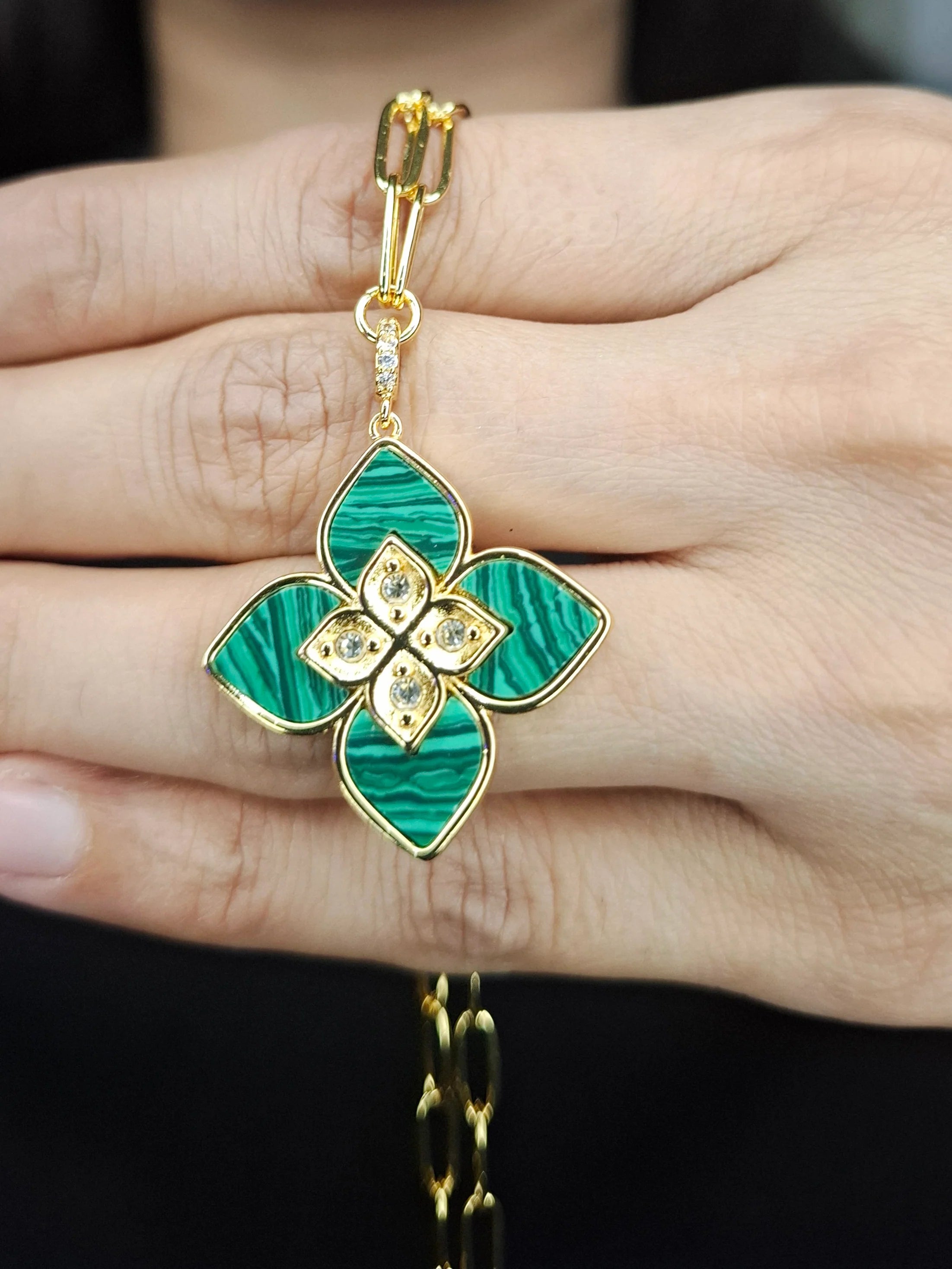 Alphabet RC Gold Plated Green Clover CZ Pendant Necklace
