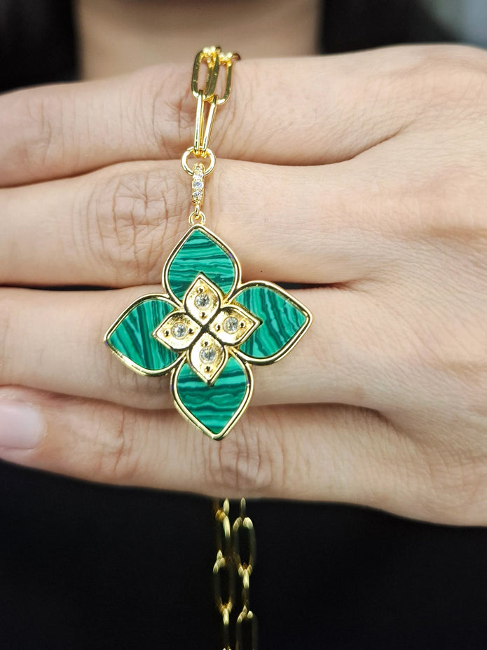 Alphabet RC Gold Plated Green Clover CZ Pendant Necklace