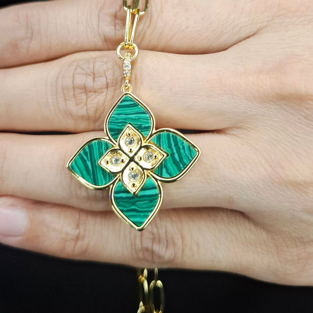 Alphabet RC Gold Plated Green Clover CZ Pendant Necklace