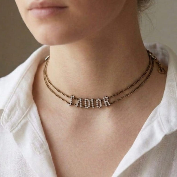 Antique Gold Plated CD Alphabet Choker Necklace with CZ