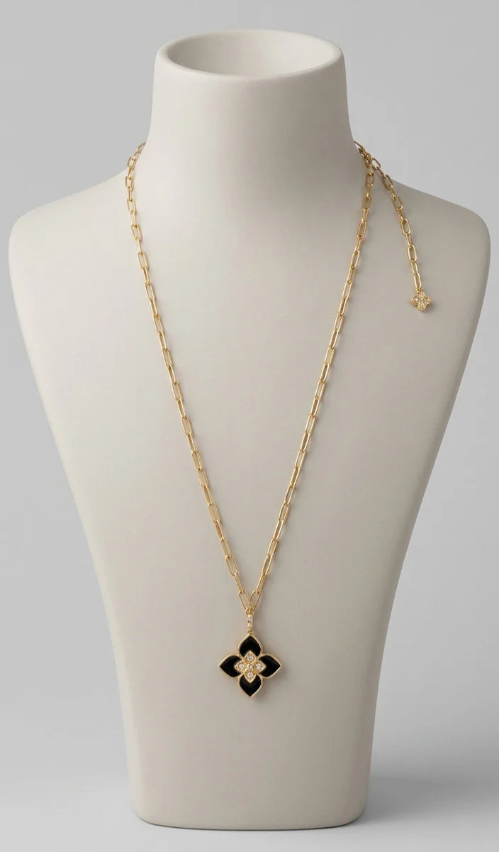 Alphabet RC Gold Plated Black Clover CZ Pendant Necklace