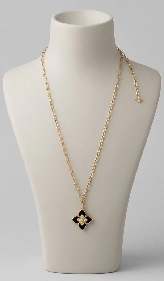 Alphabet RC Gold Plated Black Clover CZ Pendant Necklace