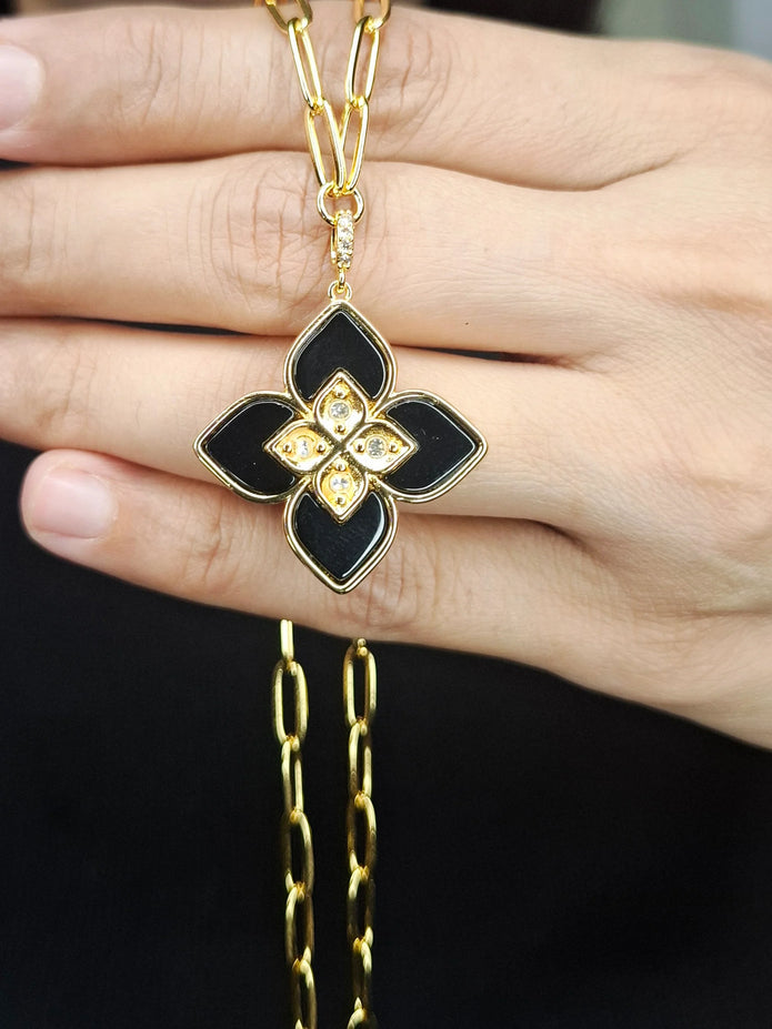 Alphabet RC Gold Plated Black Clover CZ Pendant Necklace