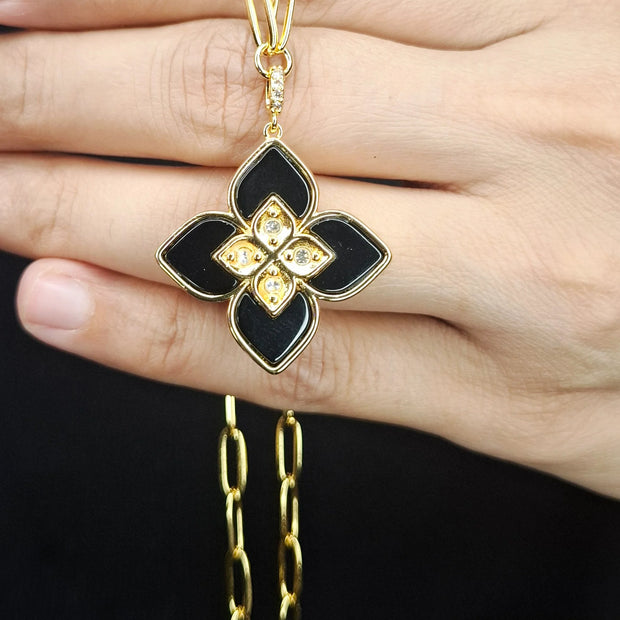 Alphabet RC Gold Plated Black Clover CZ Pendant Necklace