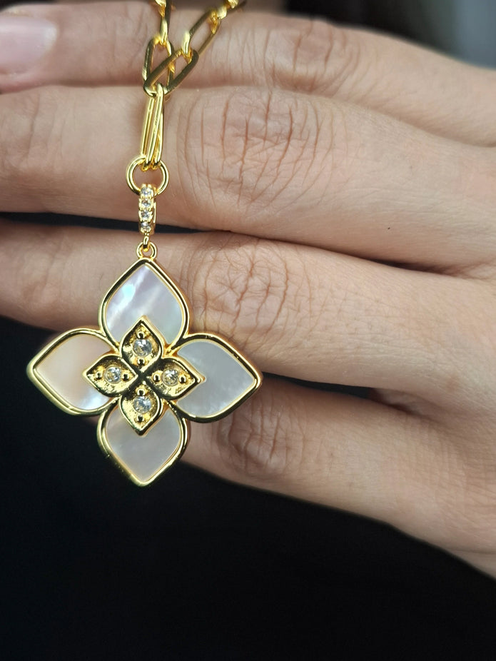 Alphabet RC Gold Plated White Clover CZ Pendant Necklace