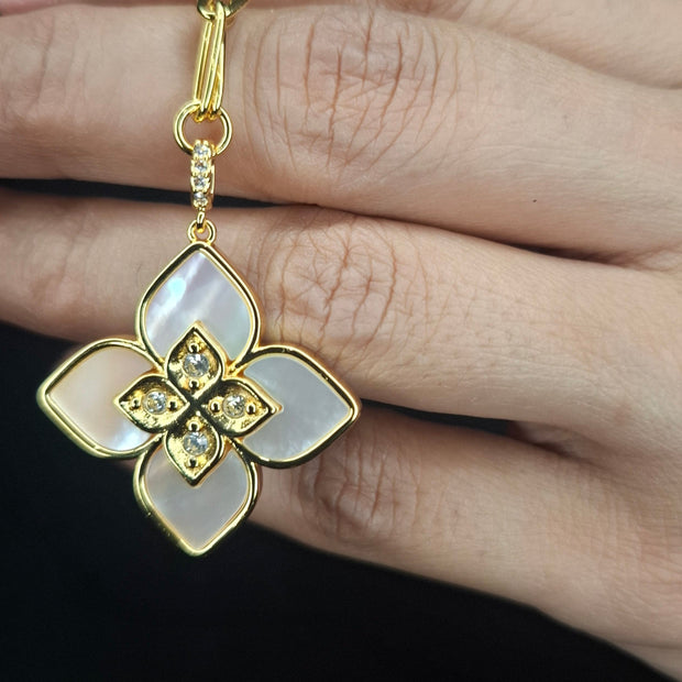 Alphabet RC Gold Plated White Clover CZ Pendant Necklace