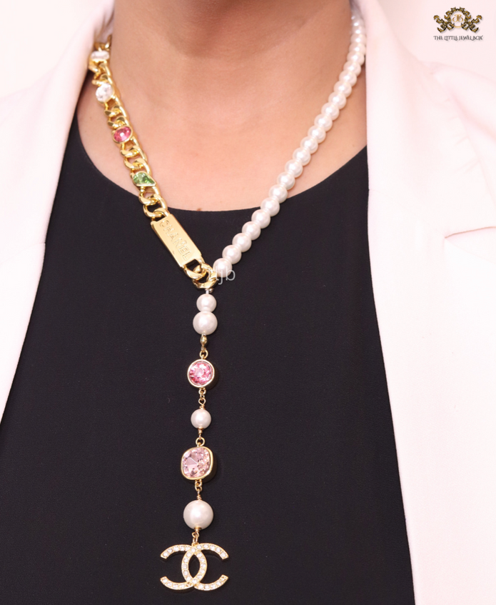 Half Gold and half Pearl Double C chain with mutlicolores stones and CZ