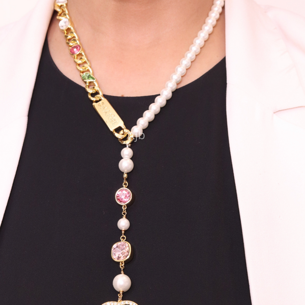 Half Gold and half Pearl Double C chain with mutlicolores stones and CZ