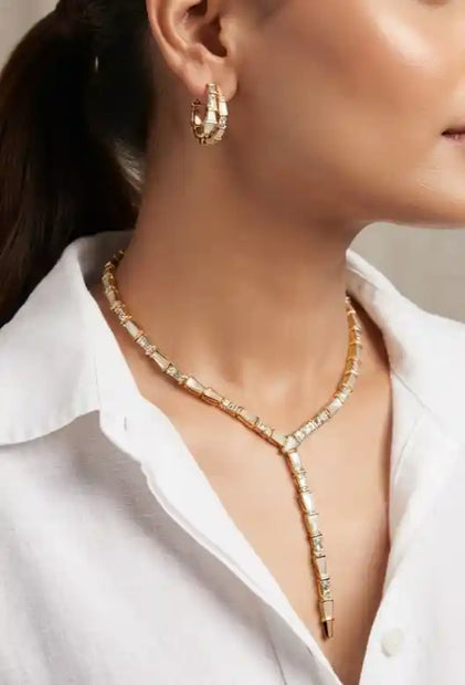 Gold Plated CZ and White Serpentine Necklace Set