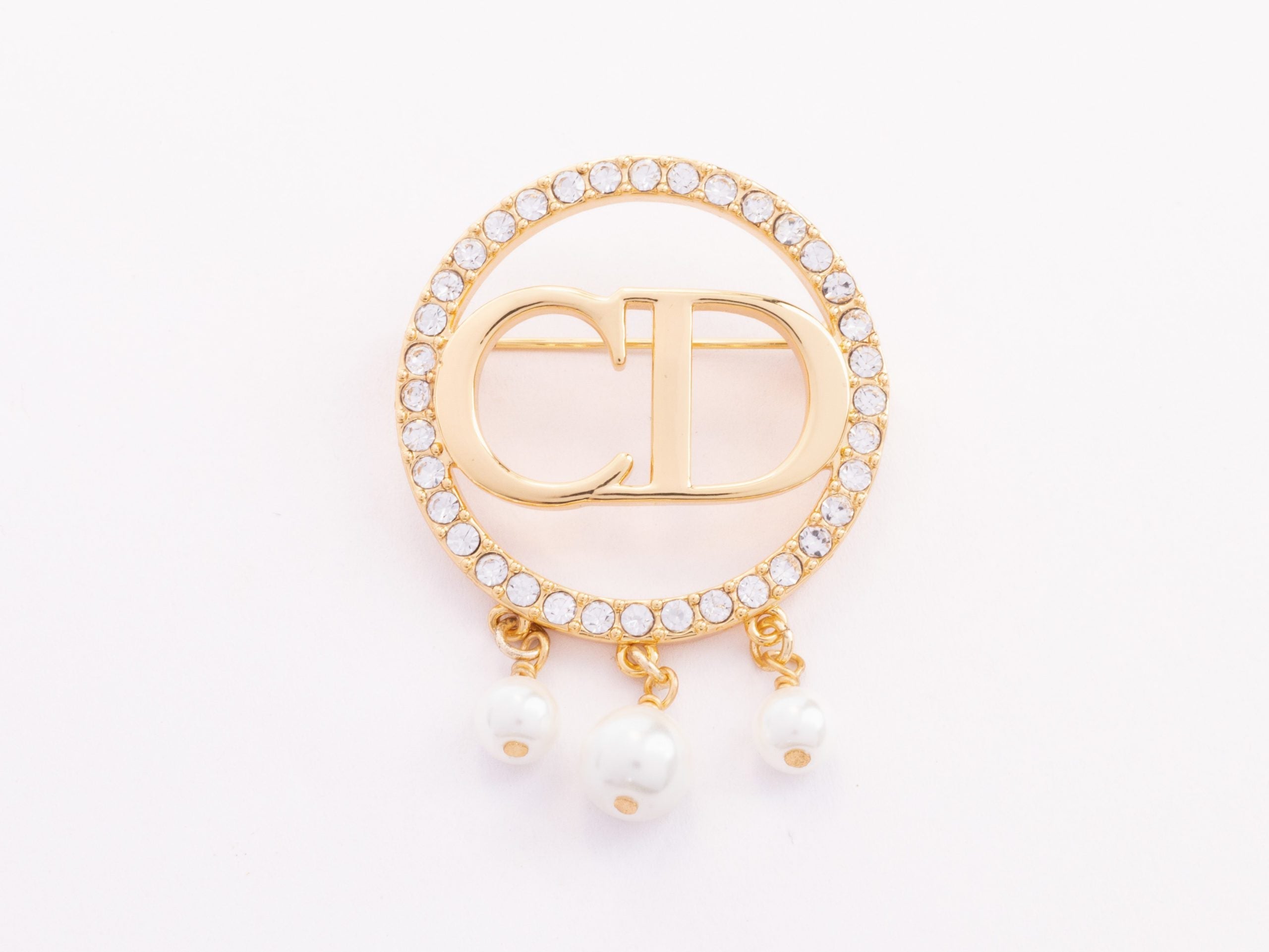 Gold Alphabet C and D brooch with cz and pearl dangles