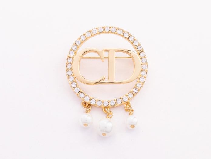 Gold Alphabet C and D brooch with cz and pearl dangles
