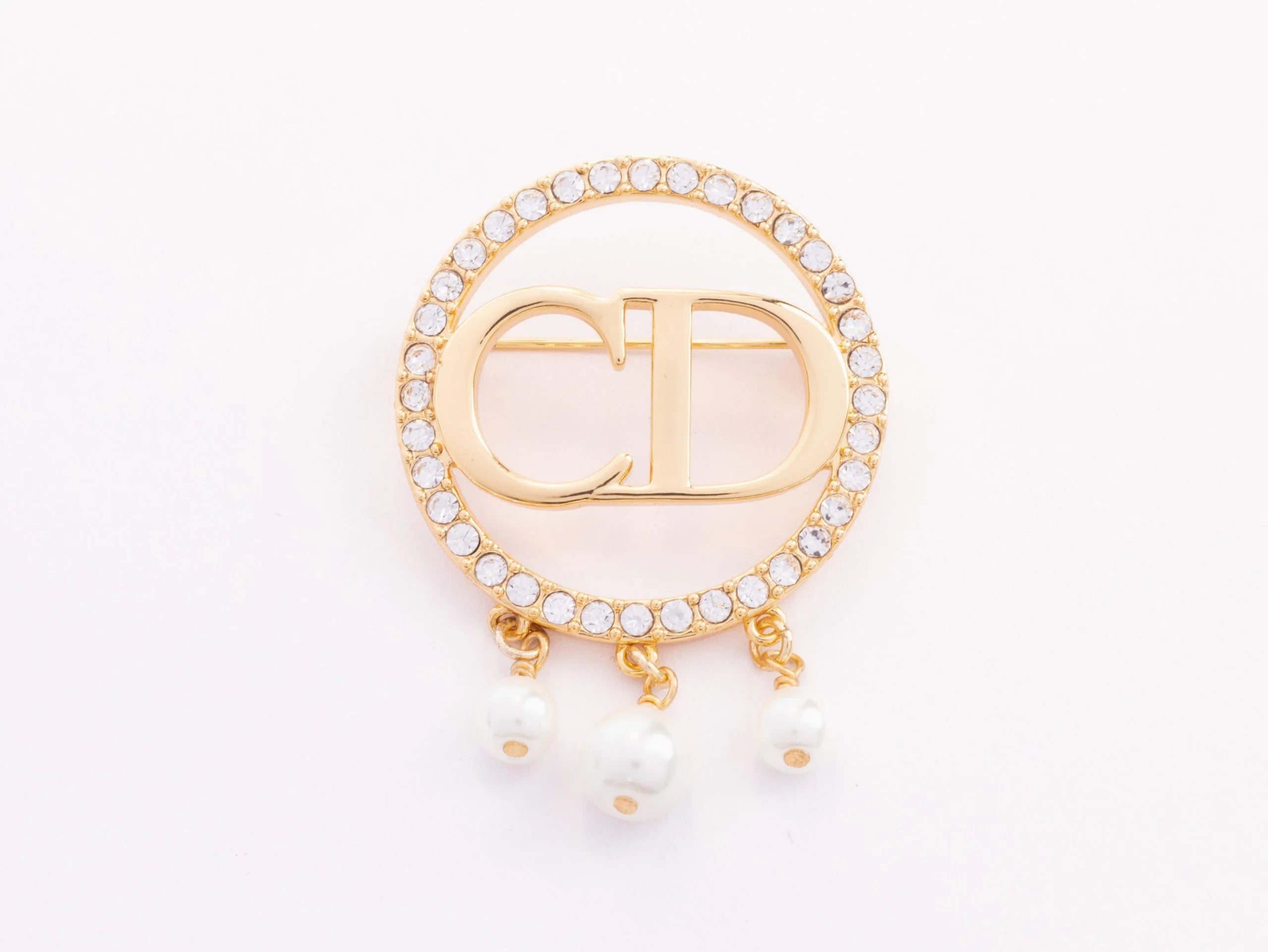 Gold Alphabet C and D brooch with cz and pearl dangles