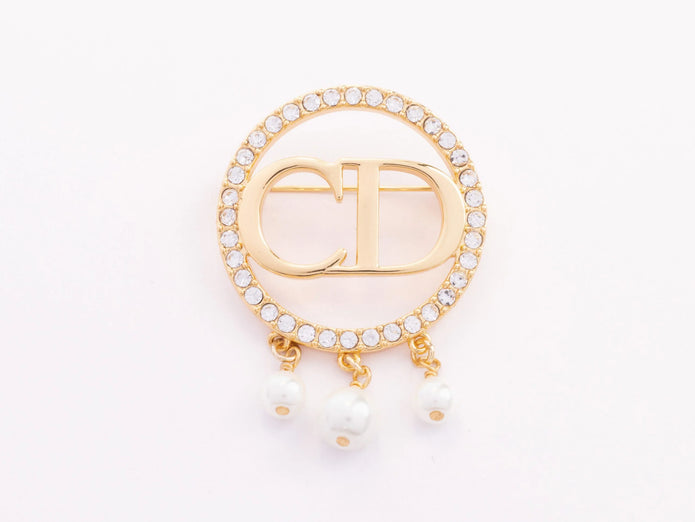 Gold Alphabet C and D brooch with cz and pearl dangles