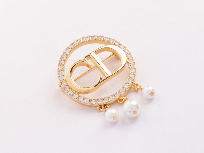 Gold Alphabet C and D brooch with cz and pearl dangles