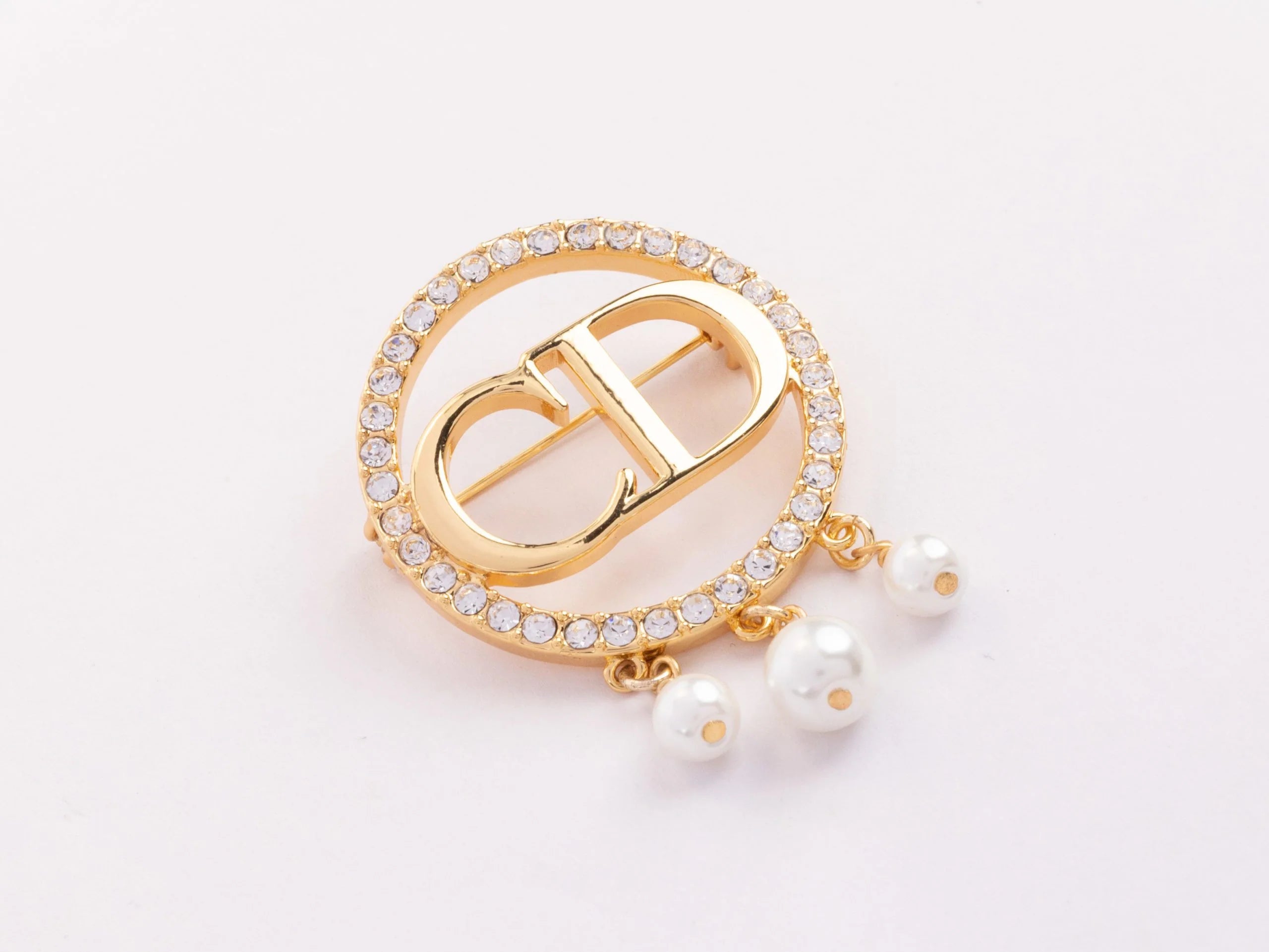 Gold Alphabet C and D brooch with cz and pearl dangles