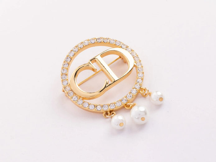 Gold Alphabet C and D brooch with cz and pearl dangles