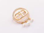 Gold Alphabet C and D brooch with cz and pearl dangles