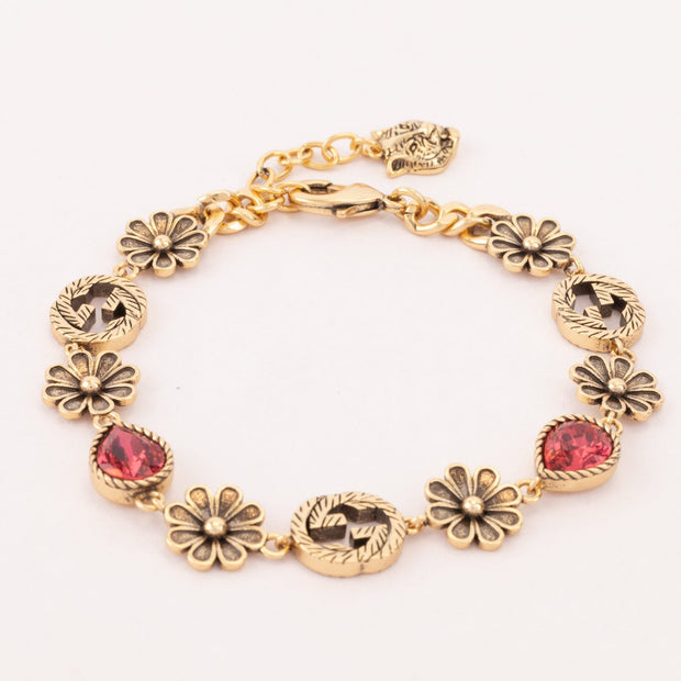 Rustic gold Double G and flowers bracelet with ruby