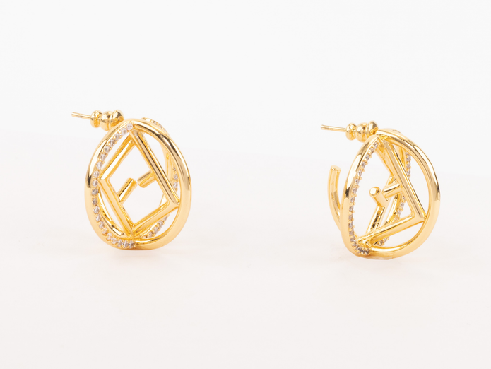 Half F gold earrings hoops with CZ