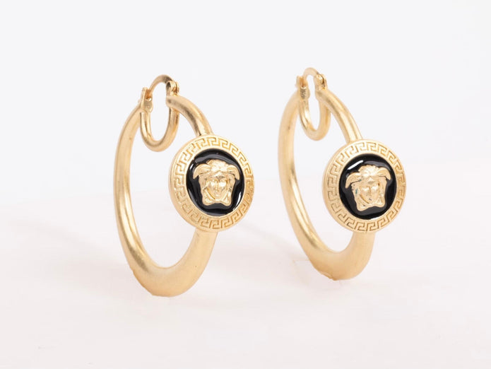 Gold Medusa on Black enamel hoops