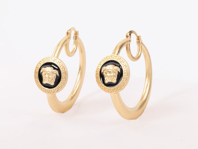 Gold Medusa on Black enamel hoops