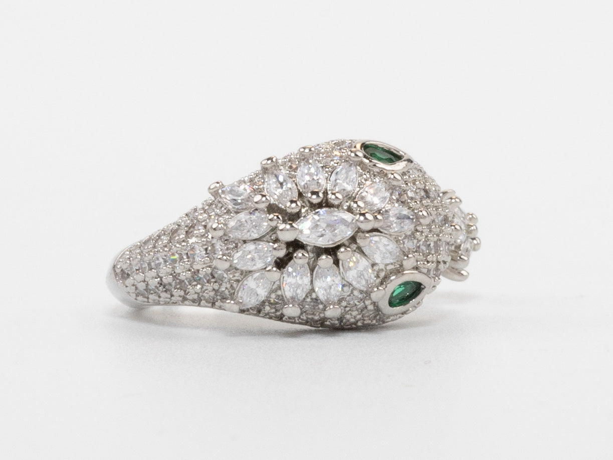 Silver plated Snake head cz open ring with Emerald detailing