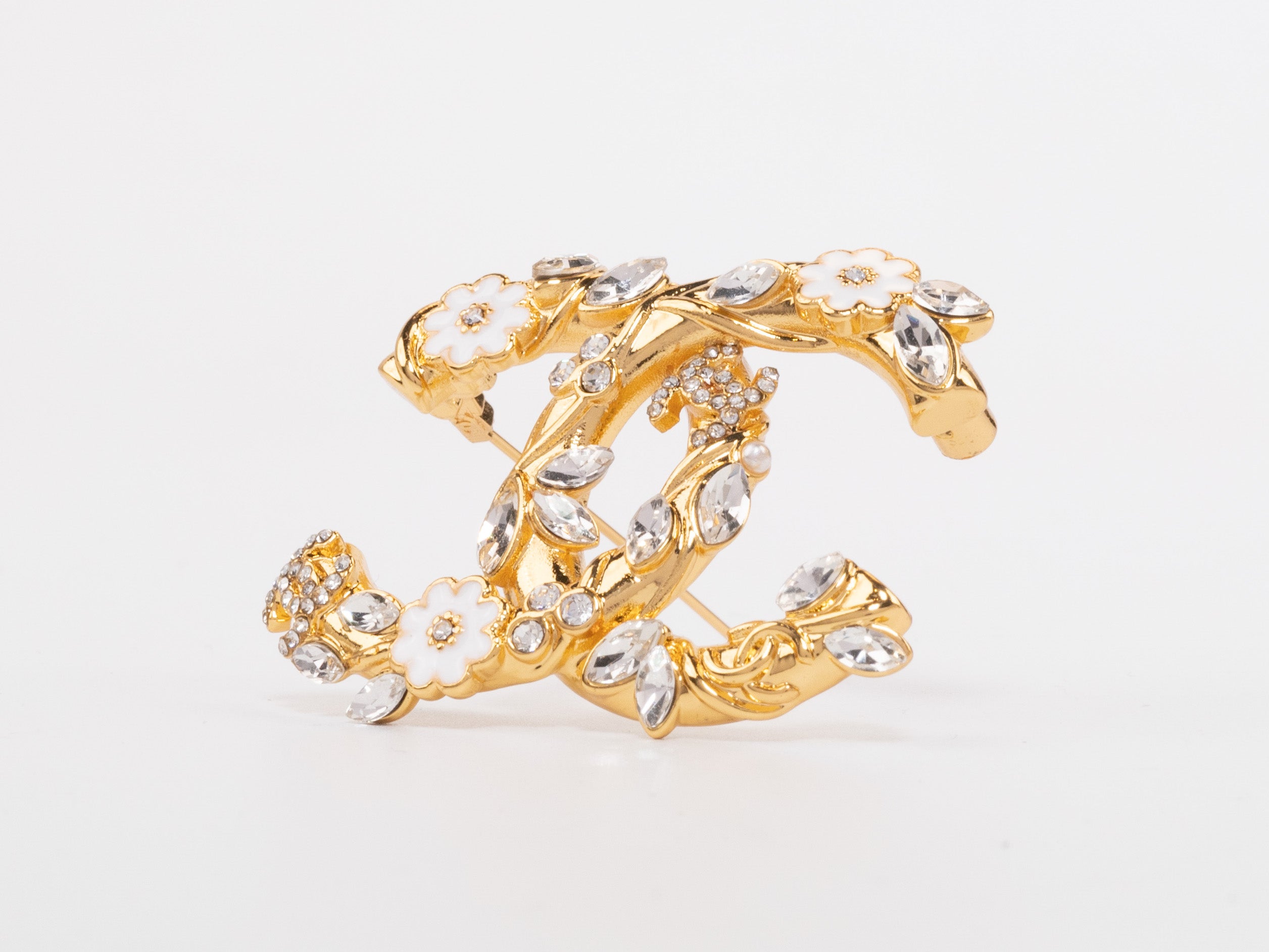 Gold Double C brooch with enamel flowers and cz leaves