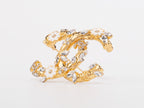 Gold Double C brooch with enamel flowers and cz leaves