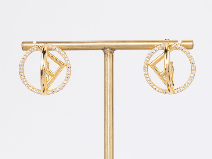 Half F gold earrings hoops with CZ