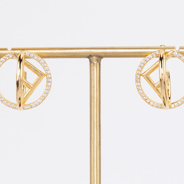Half F gold earrings hoops with CZ