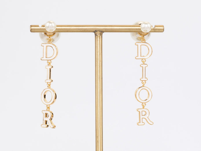 Long gold enamel alphabet C and D pearl earrings