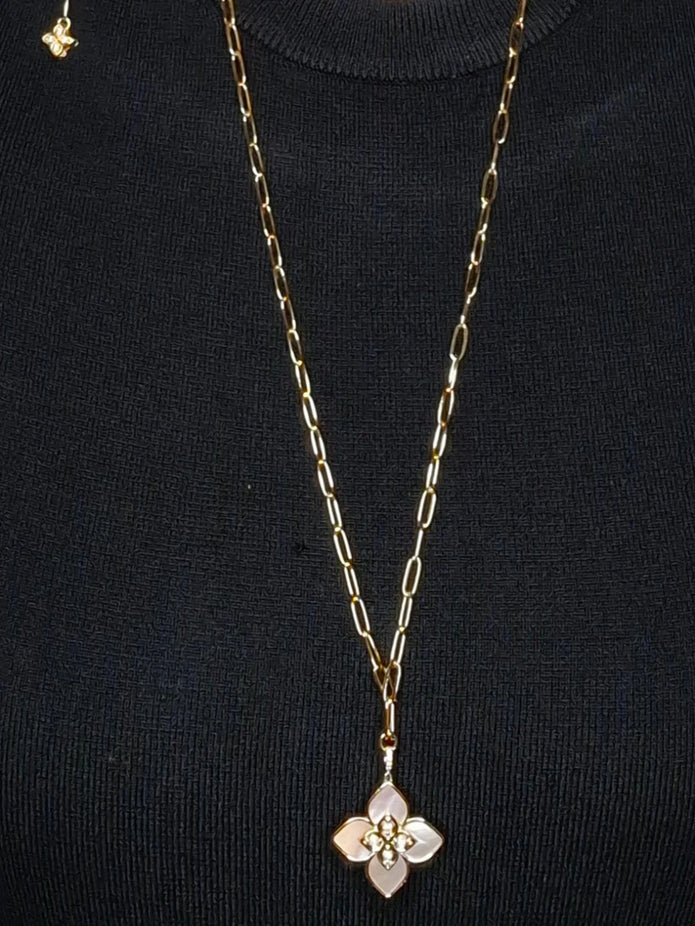 Alphabet RC Gold Plated White Clover CZ Pendant Necklace