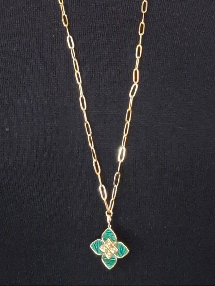Alphabet RC Gold Plated Green Clover CZ Pendant Necklace