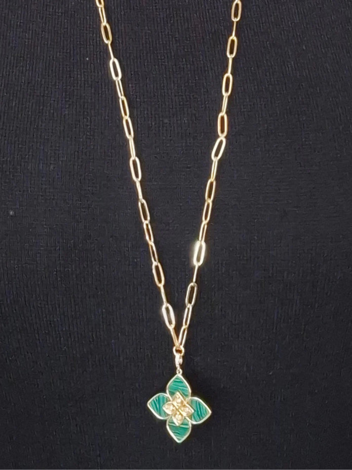 Alphabet RC Gold Plated Green Clover CZ Pendant Necklace